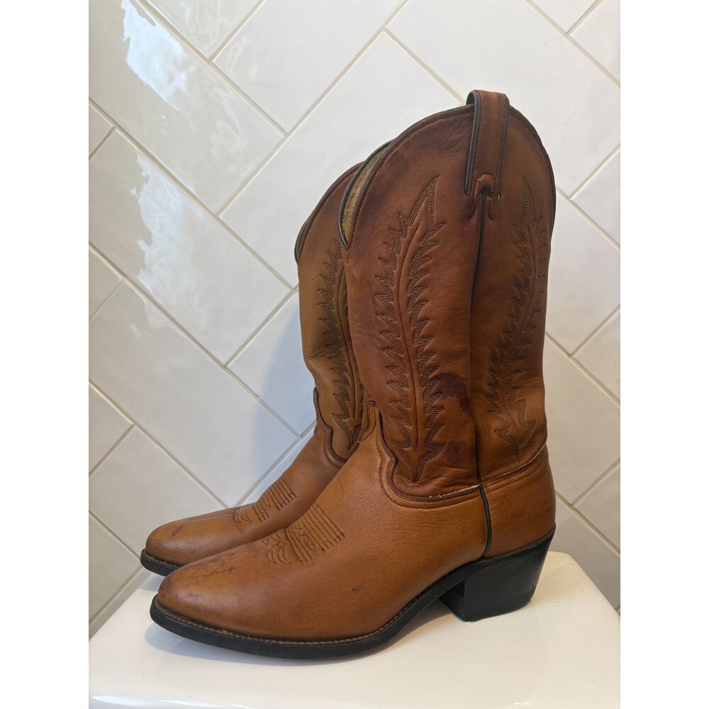 Vintage Made USA Leather Cowboy Western Boots Men's 10D Brown Round Toe Ranch